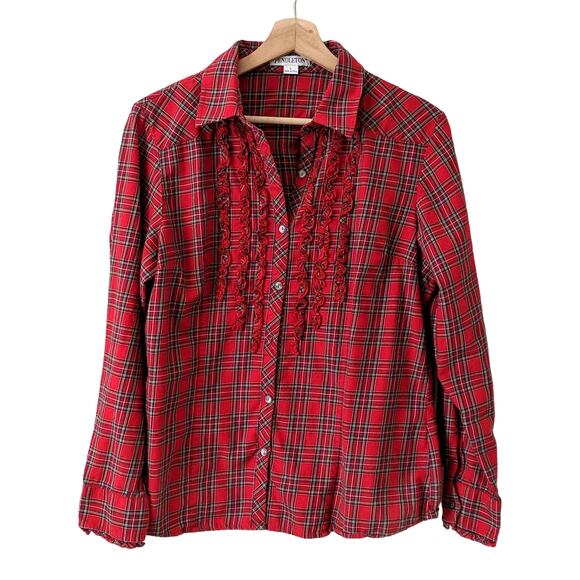 Pendleton Tops - Pendleton Red Tartan Plaid Ruffled Button Down Fine Cotton Winter Holiday Large